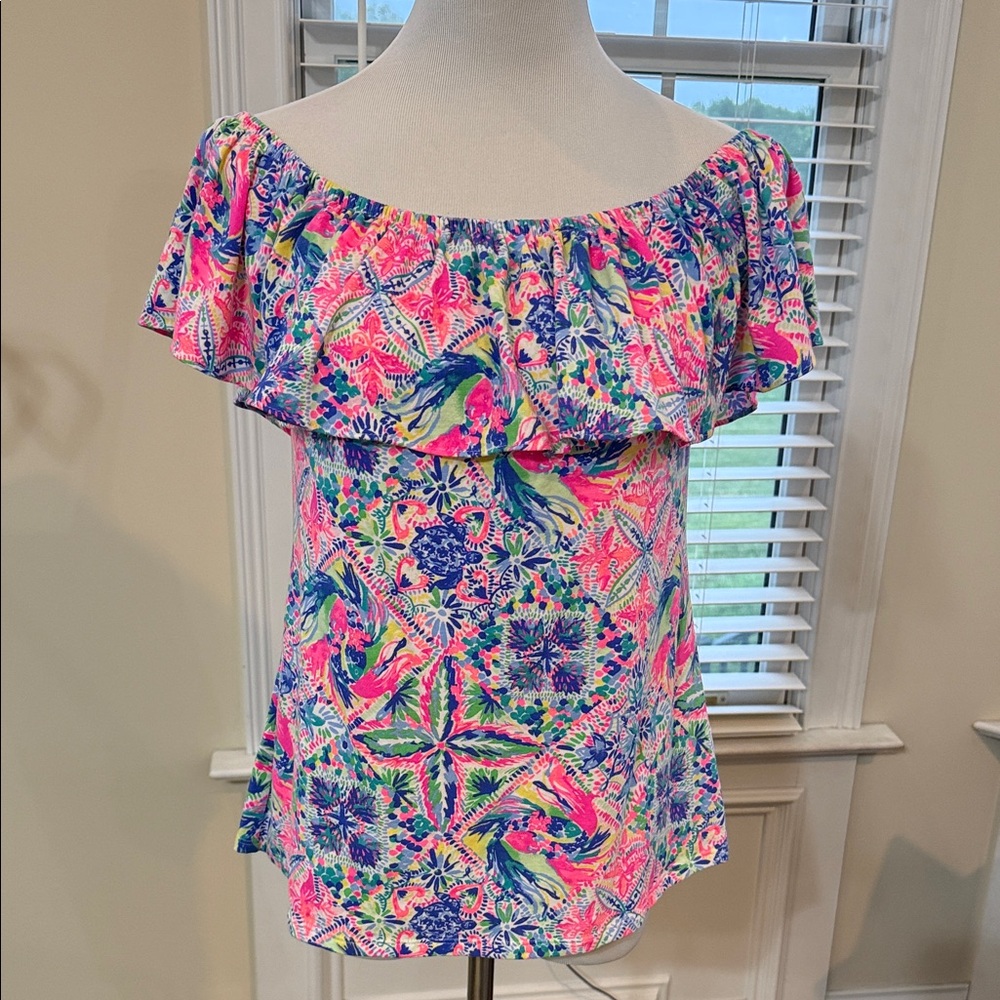 Lilly Pulitzer Pink Blue Green Off-Shoulder Ruffle Top